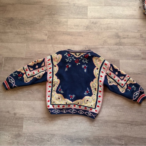 90s Together! Sweater Blue Yellow Knit Embroidered Button Up Cardigan - Picture 11 of 14